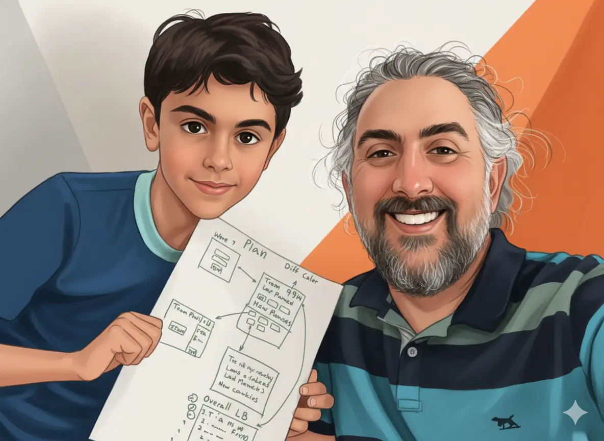 A dad and his son building NoHook Games together